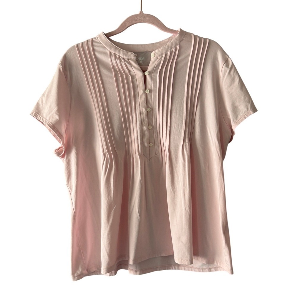 Lands End Womens Pink Pintuck Pleated Henley Short Sleeve Top Size L 14-16 - Picture 2 of 6
